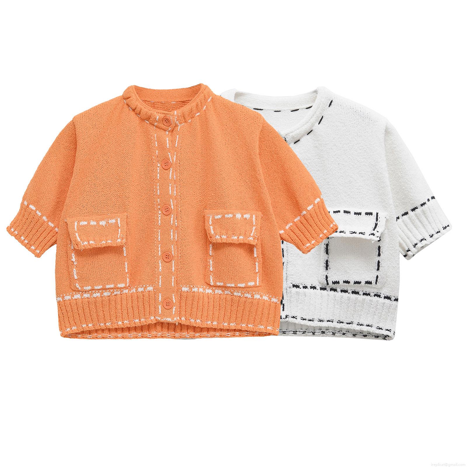 Women's Short Sleeve Knit Cardigan Jacket Contrast Stitching Round Neck Button Down Casual Streetwear Chic Outerwear Acetate Knit Top For Women