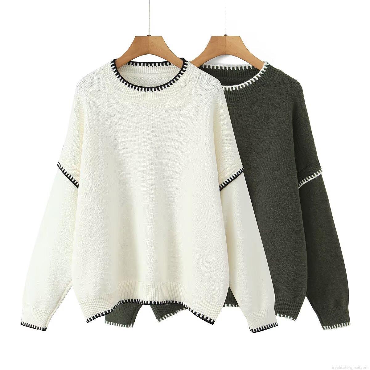 Women's Knit Sweater Contrast Stitching Crew Neck Long Sleeve Loose Pullover Casual Autumn Jumper Streetwear Top Fashion Cozy Outfit