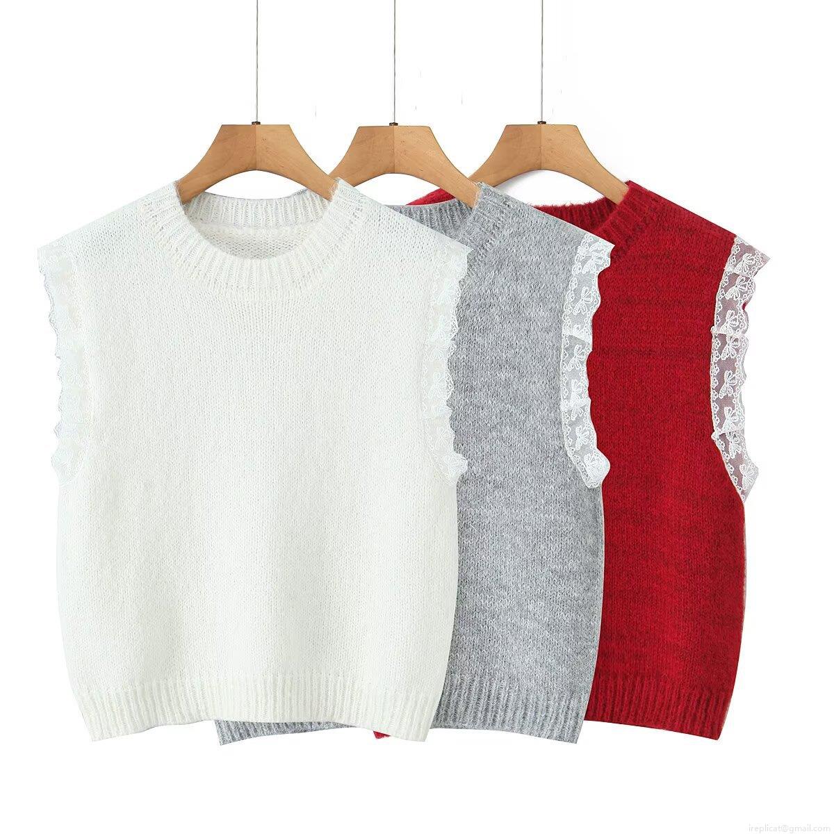 Women's Round Neck Knit Vest Sleeveless Waistcoat With Elegant White Lace Trim Patchwork Casual Autumn Pullover Sweater Vest For Women Elegant Streetwear Top