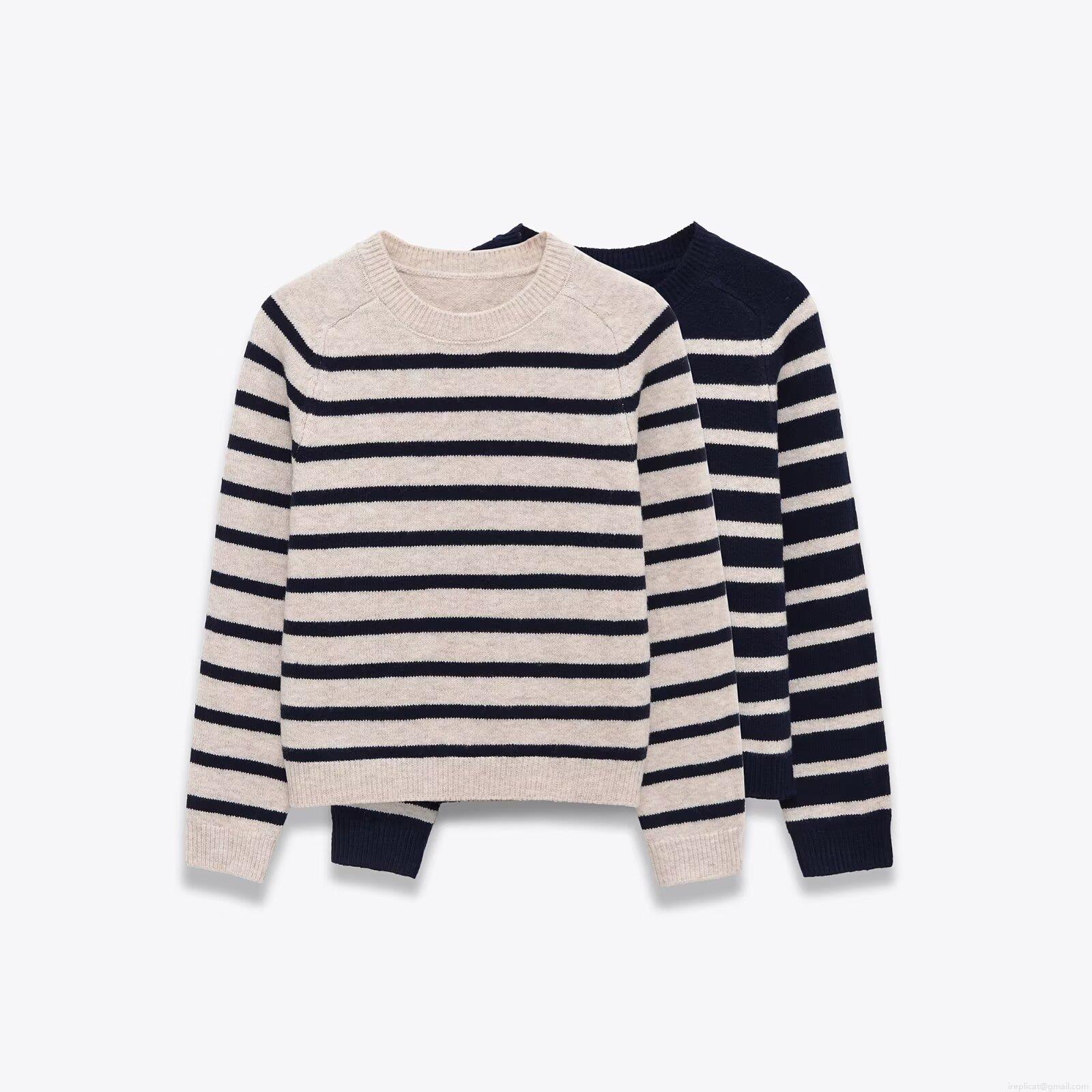 Women's Western Style Striped Sweater Polyester Knit Round Neck Long Raglan Sleeve Contrast Color Loose Fit Pullover Knitwear Top For Daily Streetwear