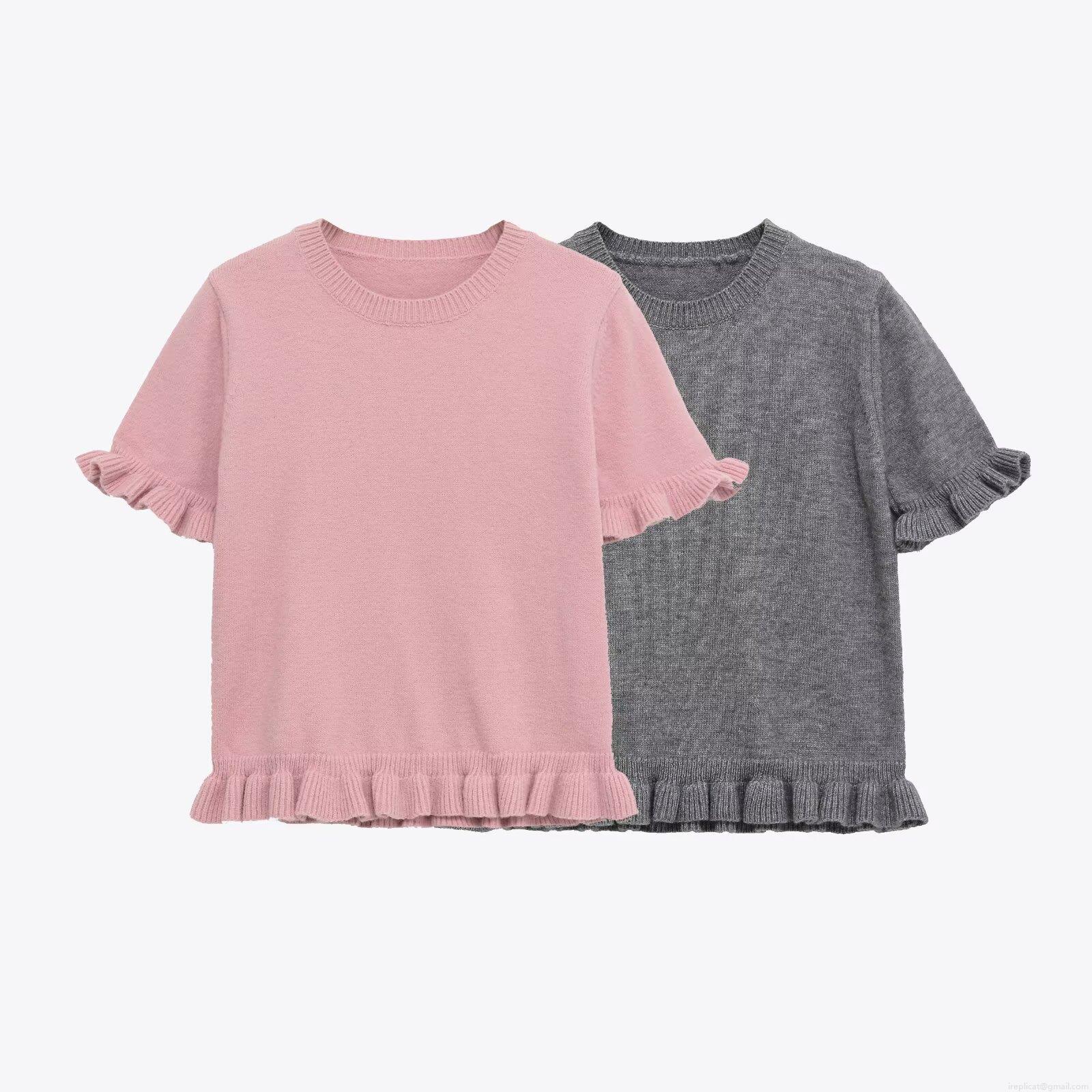 Women's Short Sleeve Knitted Sweater Top With Ruffle Trim Crew Neck Solid Color Casual Polyester Pullover Fashion Autumn Streetwear