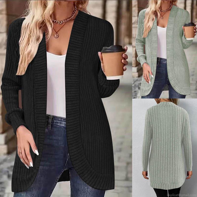 Women's Knitted Cardigan Sweater Solid Ribbed Long Sleeve Open Front Lightweight Knit Outwear Casual Fashion Coat For Spring Autumn Lady