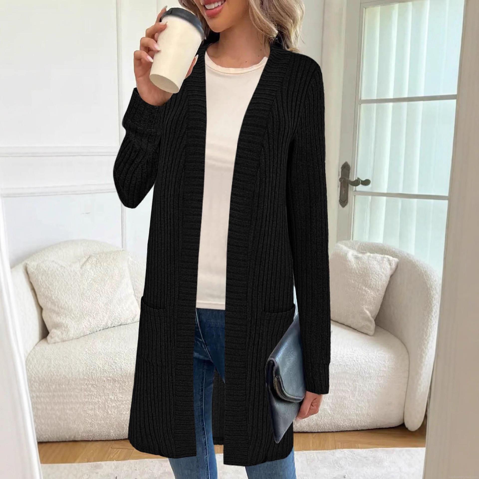 Women's Plus Size Long Open Front Cardigan Ribbed Knit Long Sleeve Sweater Coat With Pockets Solid Color Loose Casual Outerwear