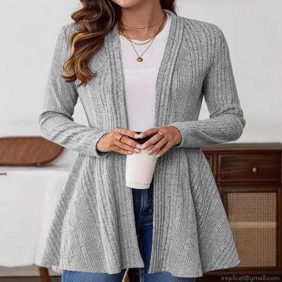 Women's Plus Size Ribbed Knit Cardigan Solid Color Long Sleeve Open Front Peplum Hem Long Length Casual Outerwear for Autumn Winter