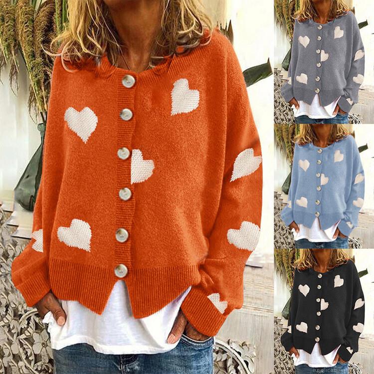 Women Heart Pattern Knitted Cardigan Sweater Long Sleeve Single Breasted O-Neck Loose Fit Knit Outerwear Sweet Casual Fall Winter Tops
