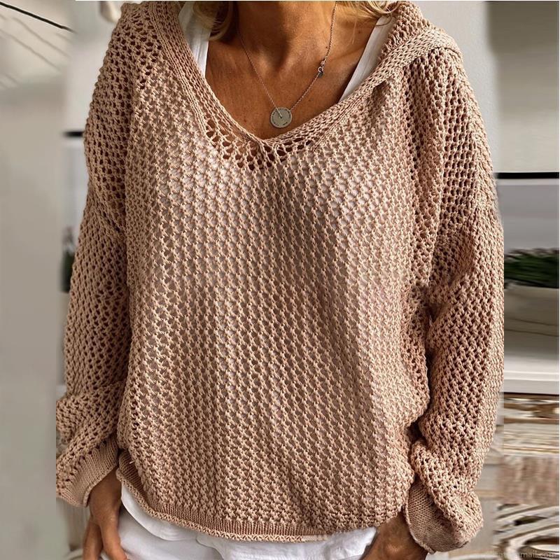 Women's Hollow Out Hooded Knit Sweater Loose V-Neck Long Sleeve Crochet Sun Protection Pullover Top Casual Summer Beach Breathable Knitwear