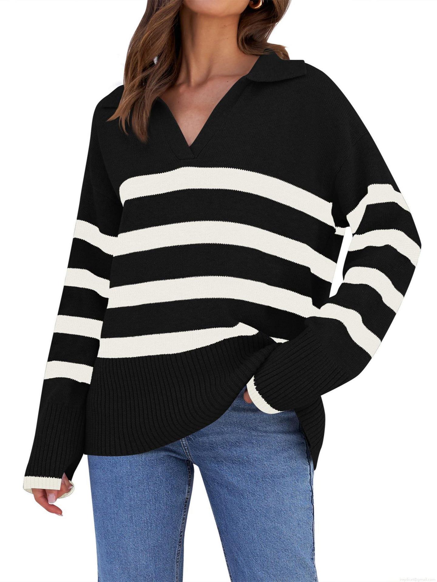 Women's Striped Knit Sweater Lapel V Neck Loose Fit Long Sleeve Pullover Polyester Spandex Blend Jumper For Autumn Winter Casual Office Wear