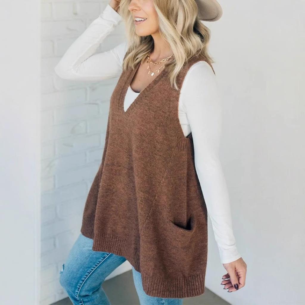 Women Loose Knit Vest V Neck Sleeveless Sweater Side Pockets Casual Core Spun Yarn Layering Waistcoat Top Autumn Winter A-Line Pullover Knitwear