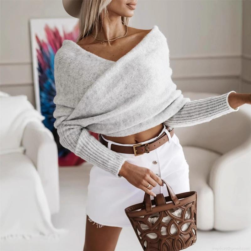 Women's Cross Wrap V Neck Knitted Sweater Off Shoulder Long Sleeve Sexy Slim Fit Polyester Knit Top Scarf Collar Multi-way Wear Fashion Pullover Jumper