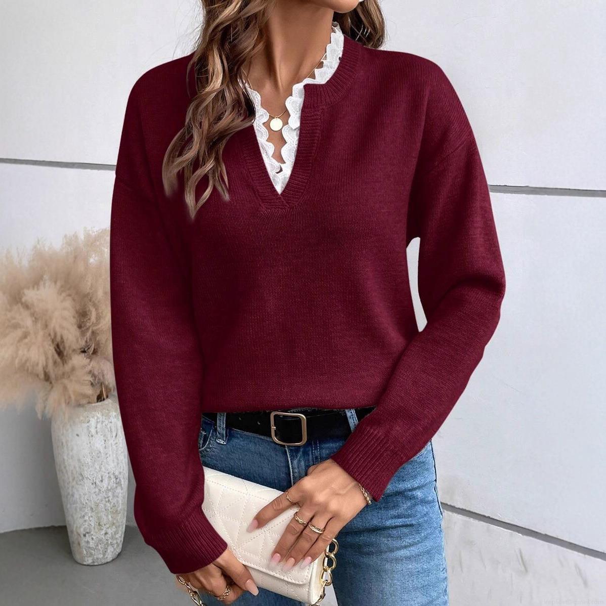 Women's Elegant V-Neck Knit Sweater Fashion Lace Trim Long Sleeve Pullover Tops Solid Color Casual Jumper for Autumn Winter