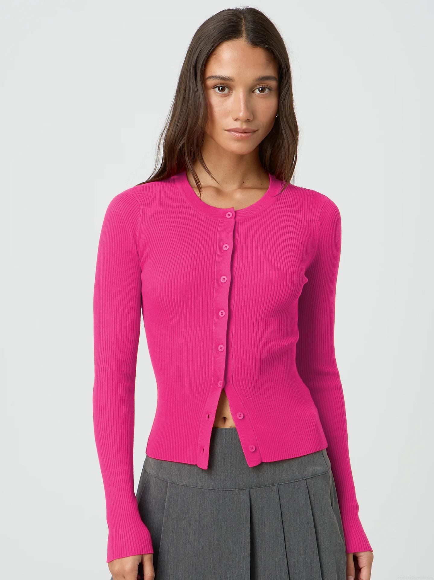 Women's Y2K Ribbed Knit Cardigan Round Neck Button Up Slim Fit Long Sleeve Sweater Top Polyester Viscose Elastane Blend Fall Winter Fashion Solid Color Knitwear Blouse