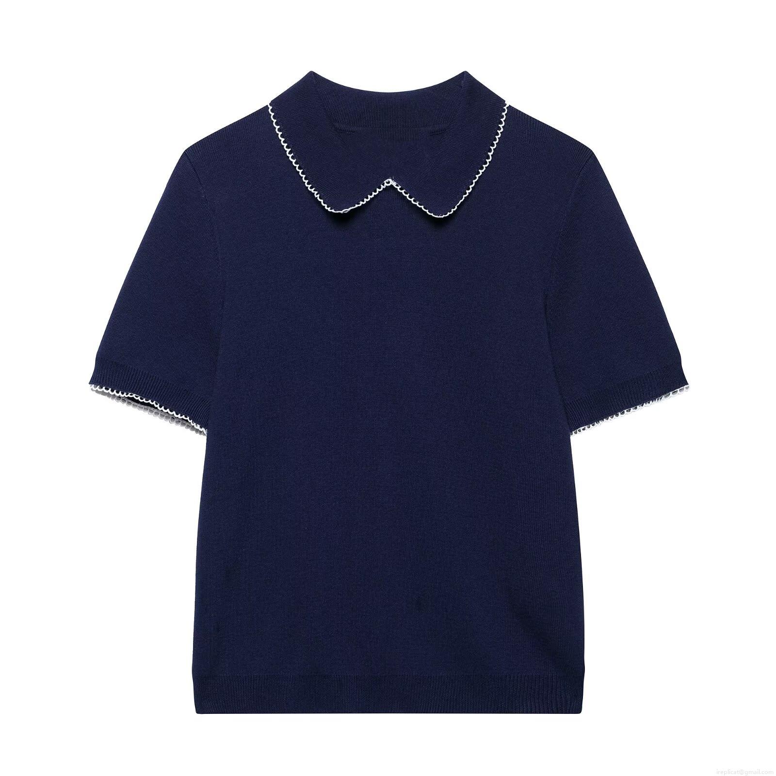 Women Peter Pan Collar Short Sleeve Knitted Top Casual Scalloped Edge Pullover Shirt Preppy Style Breathable Soft Knitwear Summer Tops