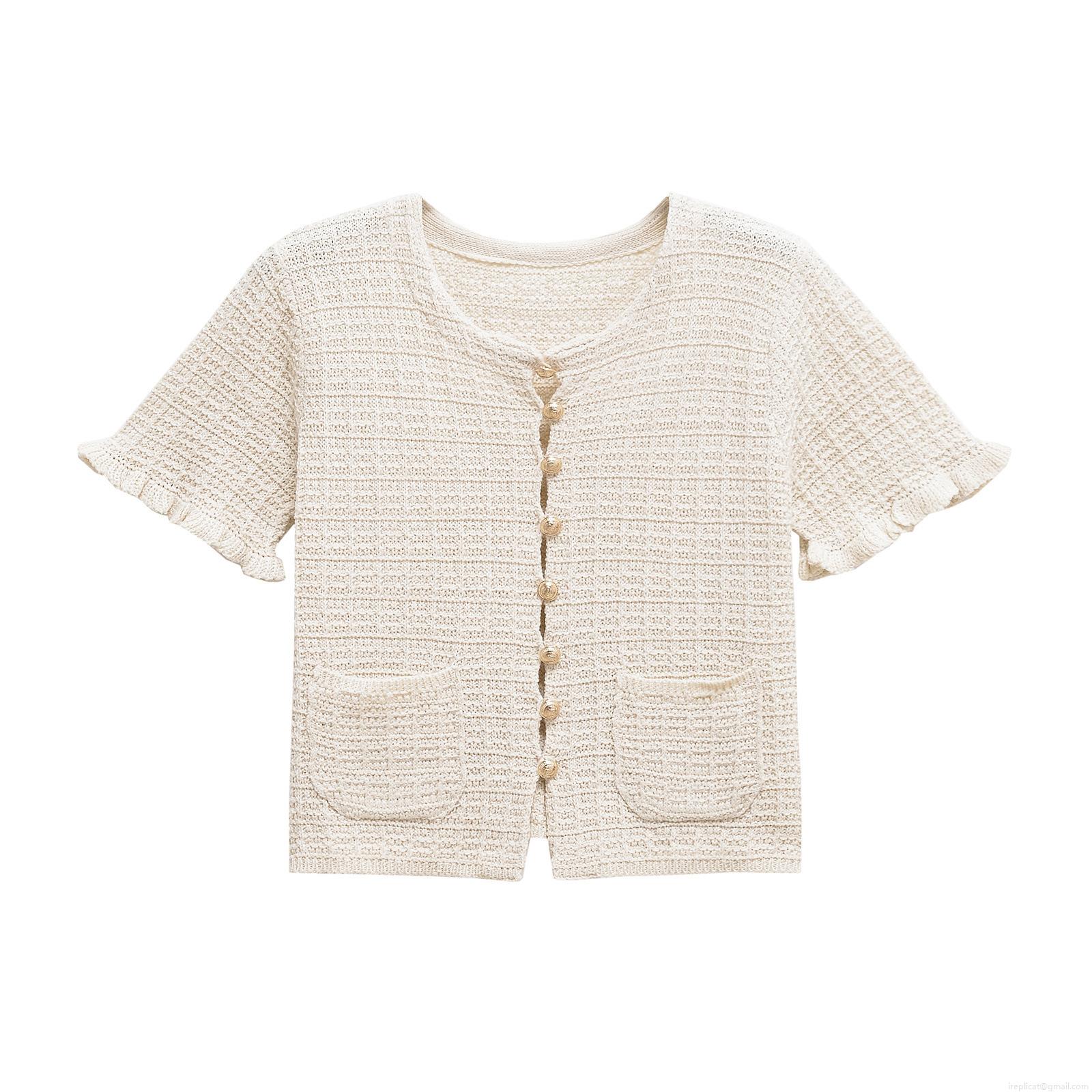 Women's Short Sleeve Knit Cardigan Vintage Tweed Style Lion Head Gold Button Ruffle Trim Top Elegant Casual Crew Neck Short Sweater For Women