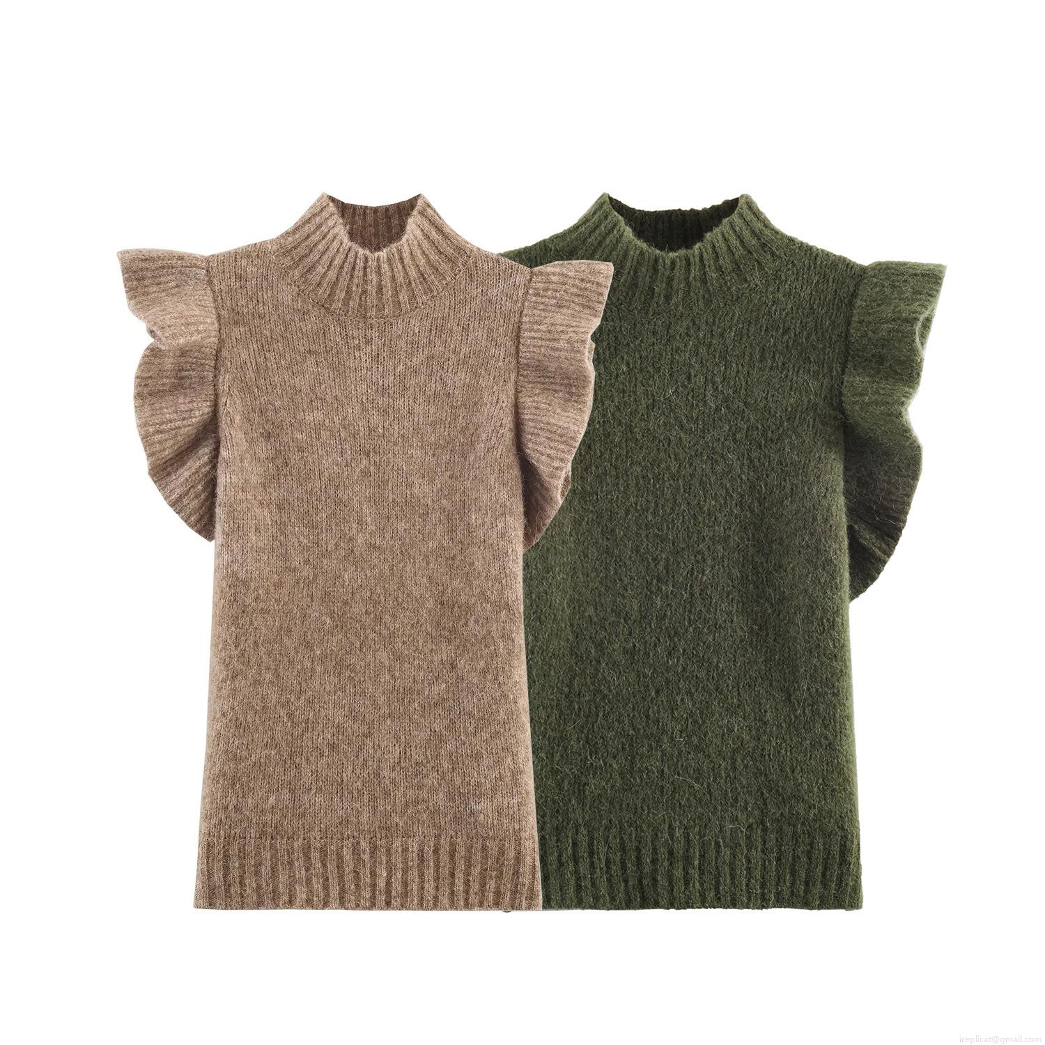 Women's Sleeveless Ruffle Shoulder Knit Top Elegant High Neck Solid Color Polyester Slim Fit Casual Vest For Spring Daily Dating Women Clothing Soft Warm Lightweight Pullover Layered Shoulder Decoration Modern Chic