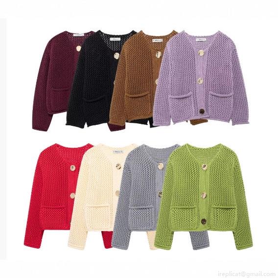 Women's Vintage Chunky Knit Cardigan Sweater Hollow Out Long Sleeve Crop Top With Gold Buttons And Pockets Casual Loose Fit Outwear
