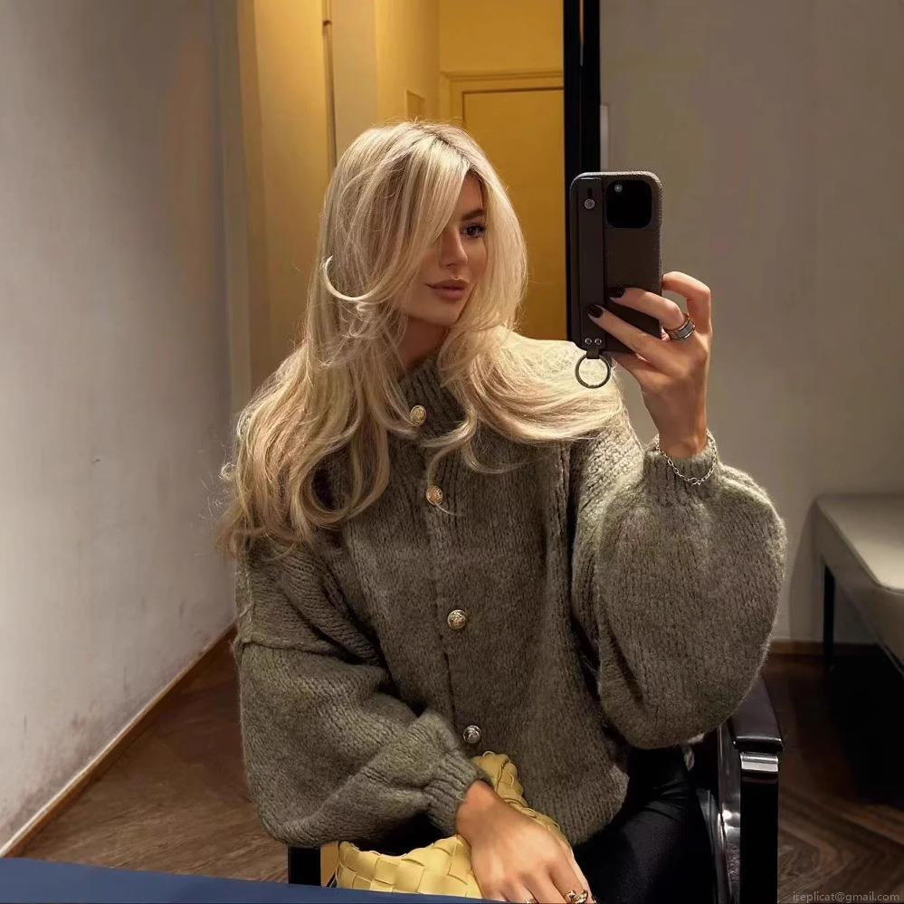 Women's Chunky Knit Cardigan Sweater 100% Polyester Round Neck Loose Fit Open Front Long Sleeve Solid Color Knitwear With Metal Buttons For Fall Winter