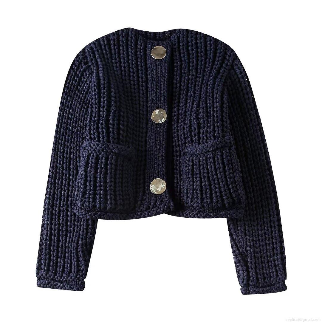 Women's Chunky Knit Short Sweater Navy Blue Round Neck Long Sleeve Button Cardigan Knitwear Streetwear Casual Soft Warm Autumn Winter Top