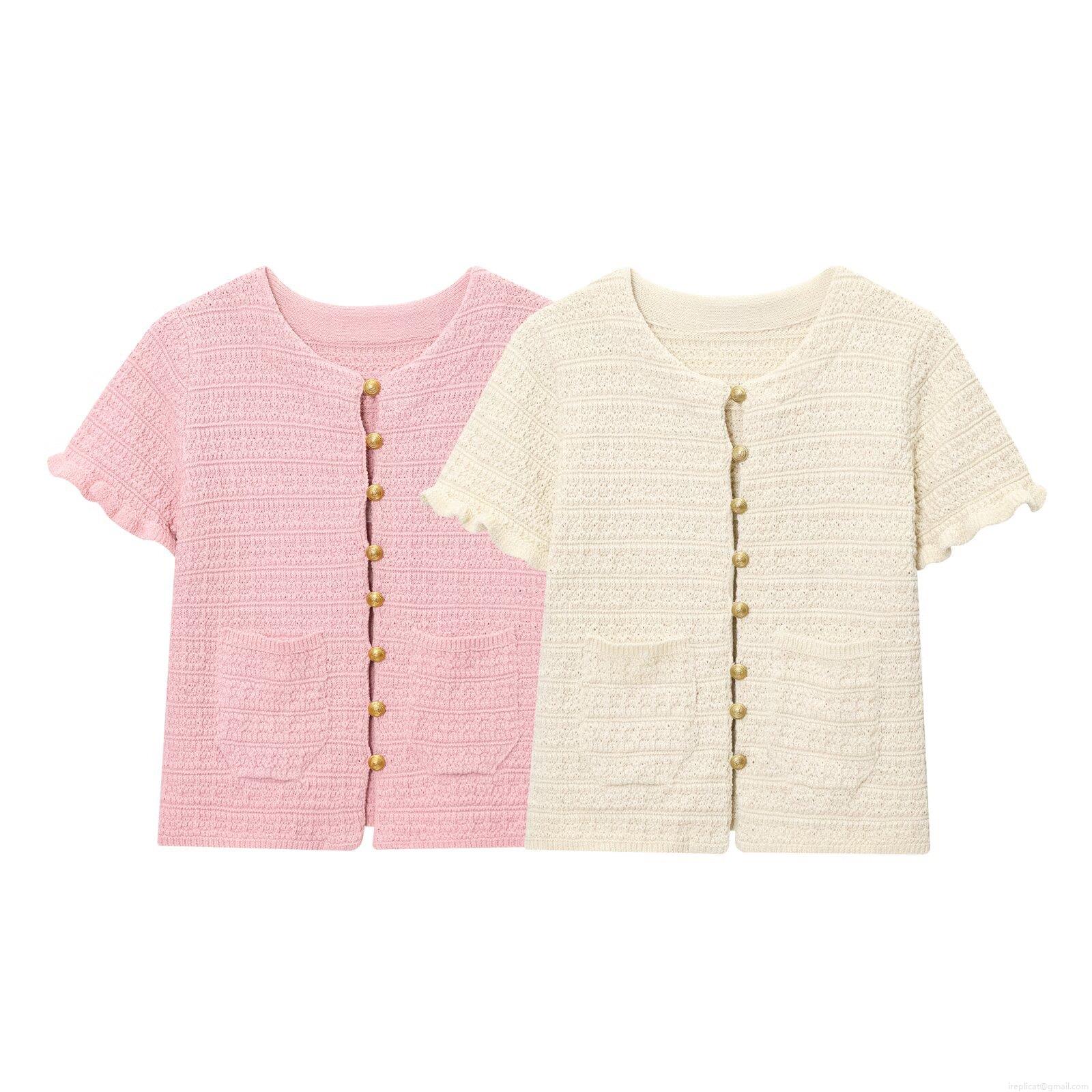 Women's Elegant Short Sleeve Knit Cardigan Round Neck Gold Buttons Ruffle Trim Polyester Solid Color Soft Knitted Top For Women Daily Fashion