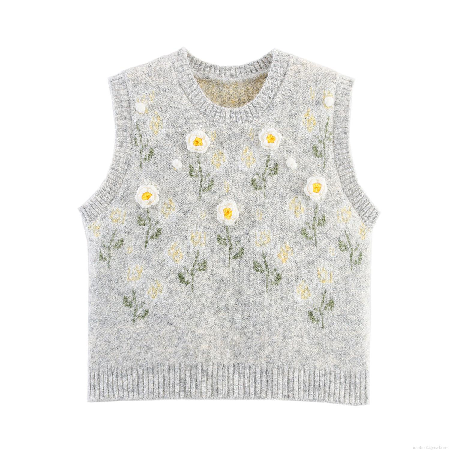Women's Retro Round Neck Knit Vest 3D Floral Decoration Sleeveless Knitted Waistcoat 100% Polyester Vintage Casual Sweater Tank Top For Ladies