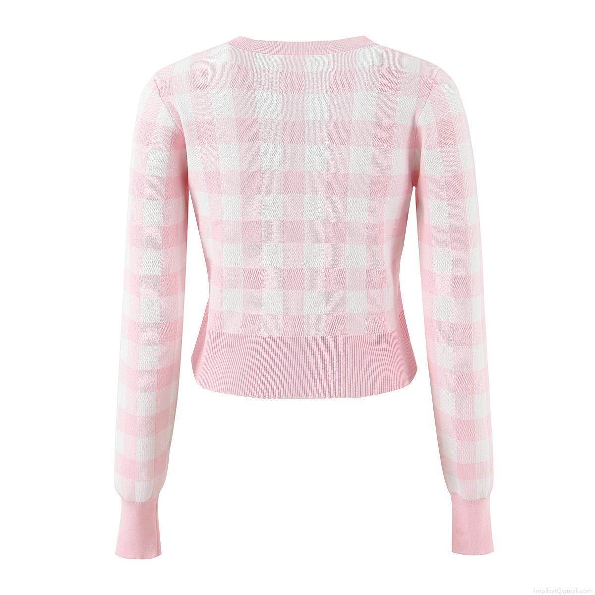 Women's Plaid Knitted Cardigan Sweet Gingham Check Long Sleeve Round Neck Button Up Short Sweater Jacket For Lady Streetwear