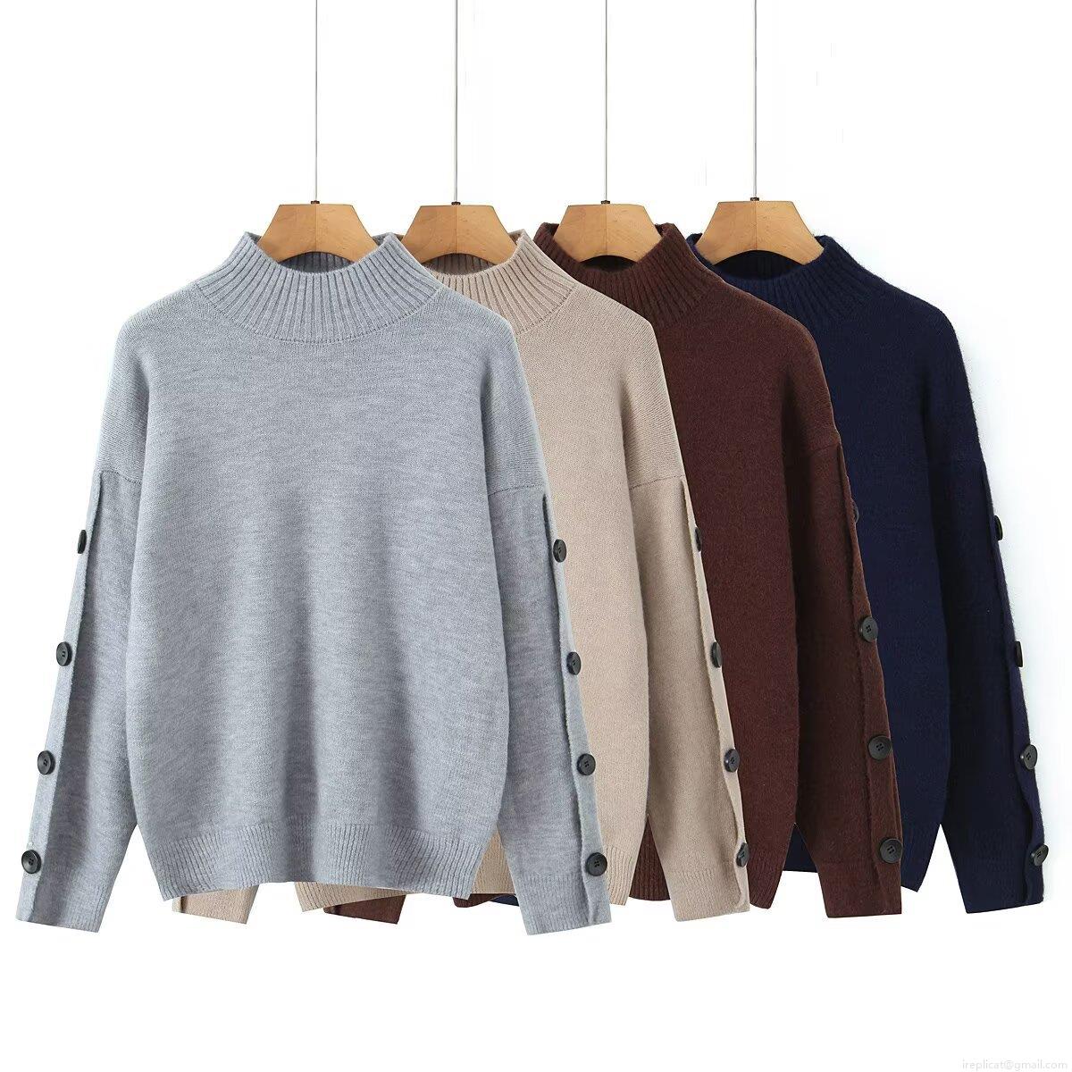 Women's Knit Sweater Mock Neck Pullover Slim Fit Long Sleeve Top With Button Cuff Detail Casual Solid Color Ribbed Jumper For Autumn Winter