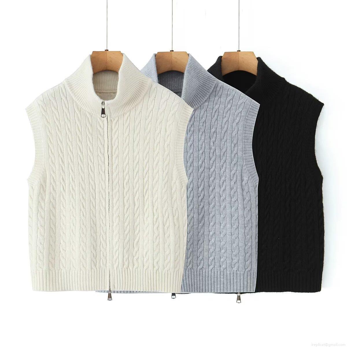 Vintage Women's Cable Knit Vest Polyester Standing Collar Zipper Up Sleeveless Sweater Vest Solid Color Retro Casual Knitwear Top For Daily Outwear
