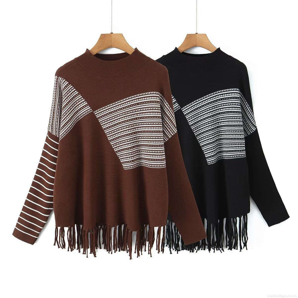 Women's Loose Knitted Pullover Sweater With Tassel Hem Geometric Jacquard Long Sleeve Round Neck Casual Jumper Women Fashion Knitted Top