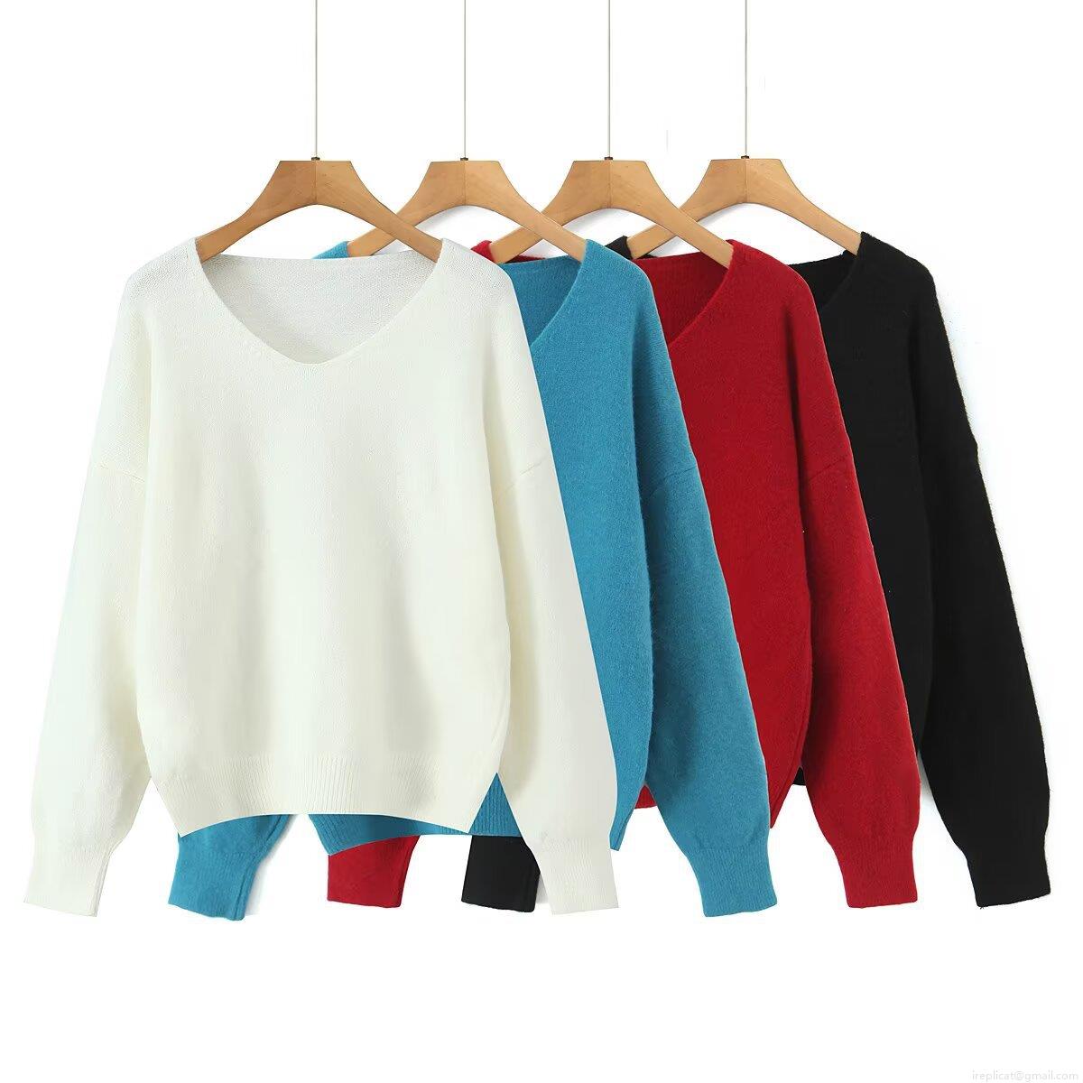 Women's Fashion V-Neck Long Sleeve Knit Sweater Loose Solid Color Pullover Casual Warm Knitwear Jumper For Women