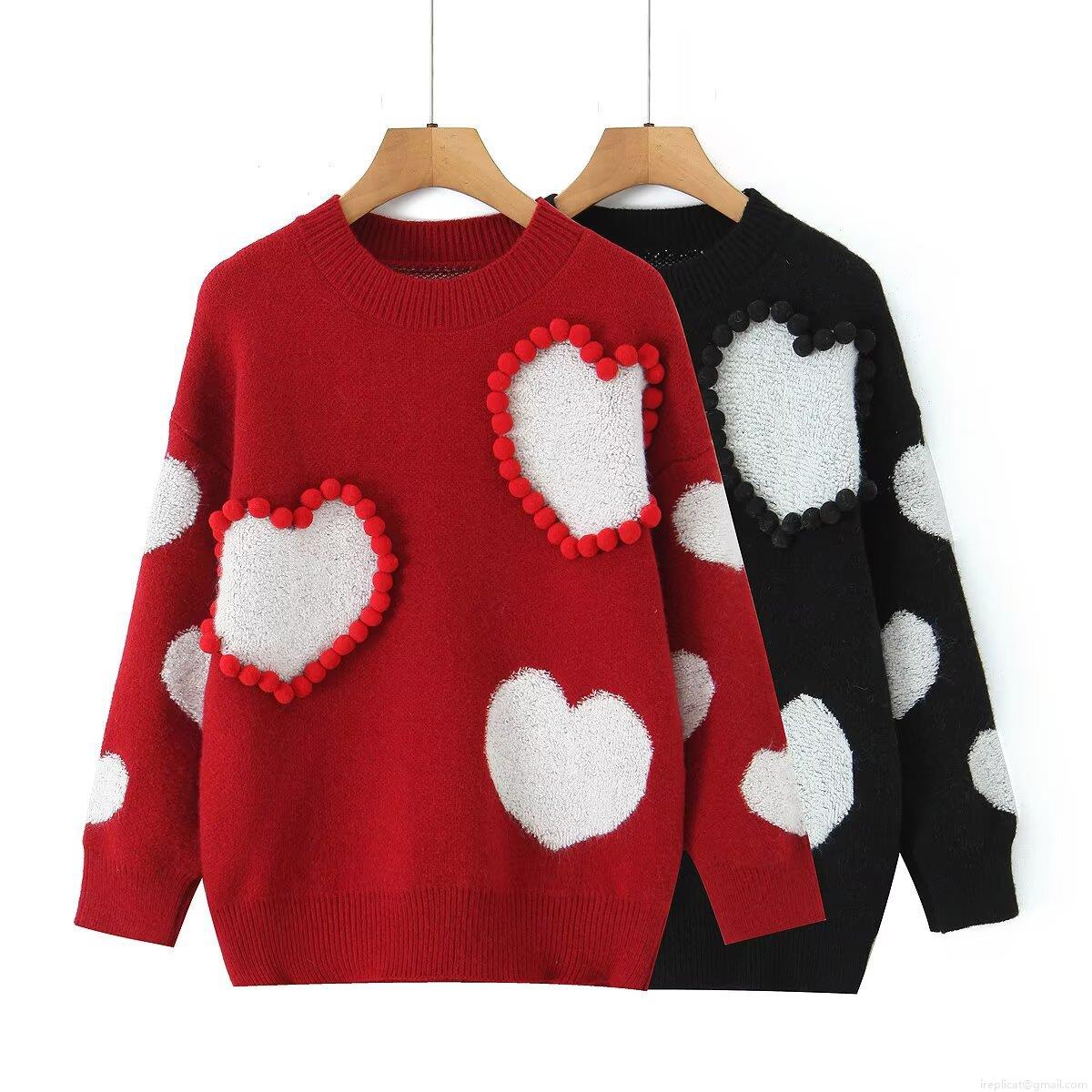 Women's Long Sleeve Round Neck Knit Sweater 3D Plush Heart Patch Pullover Casual Loose Fit Warm Soft Jumper Top for Daily Wear Sweet Cute Style
