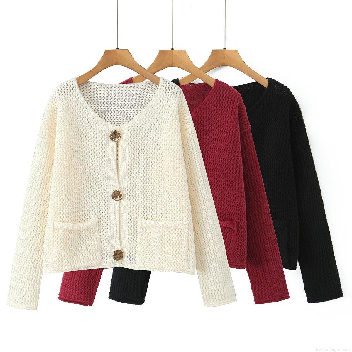 Women's V-Neck Knit Cardigan Sweater With Gold Metal Buttons Thickened Solid Color Hollow Crochet Long Sleeve Loose Outerwear Top For Women Autumn Winter