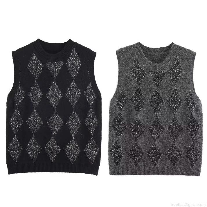 Women Sequin Argyle Knit Vest Sleeveless Round Neck Diamond Pattern Polyester Knitted Sweater Vest Chic INS Style Tops For Women