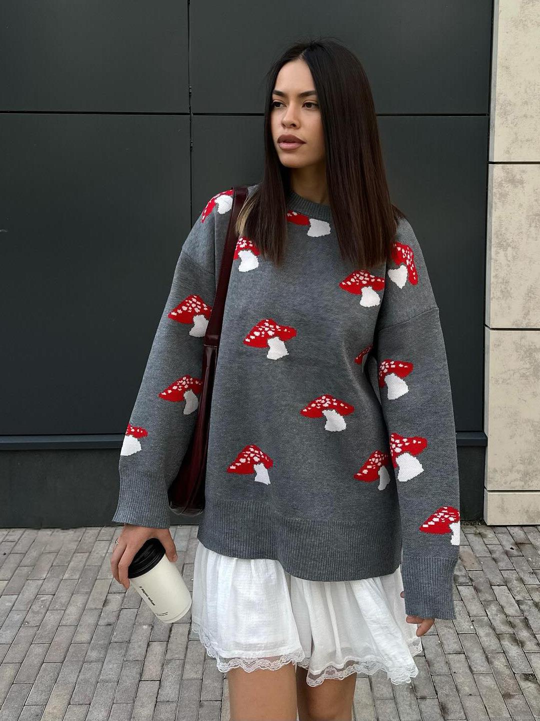 Women's Casual Mushroom Print Knitted Sweater Cotton Blend Oversize Crew Neck Long Sleeve Pullover Grey Black Aesthetic Knitwear Top