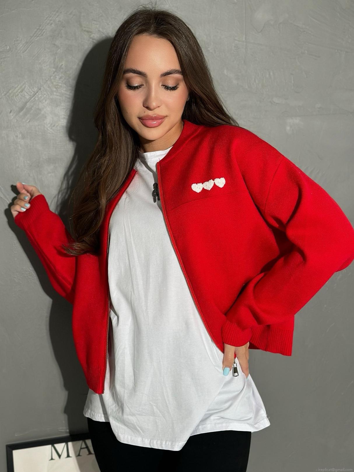 Women's Heart Embroidery Zip Up Knit Cardigan French Style Slim Fit Long Sleeve Sweater Jacket Autumn Casual Knitted Top