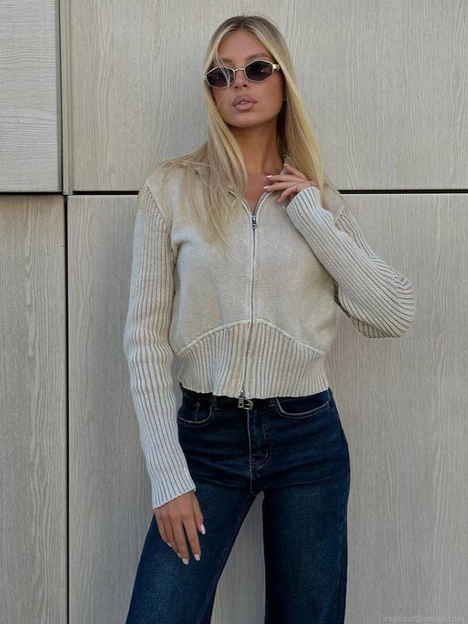 Women's Zipper Knit Cardigan Sweater Cotton Blend Lapel Long Sleeve Loose Fit Ribbed Street Casual Soft Warm Knitwear Top