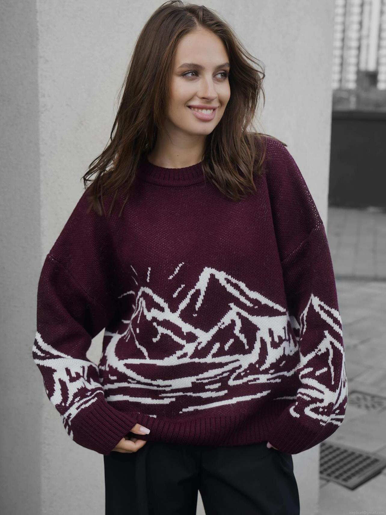 Women's Casual Oversized Knitted Sweater Mountain Jacquard Round Neck Long Sleeve Acrylic Cotton Blend Warm Pullover Top For Autumn Winter