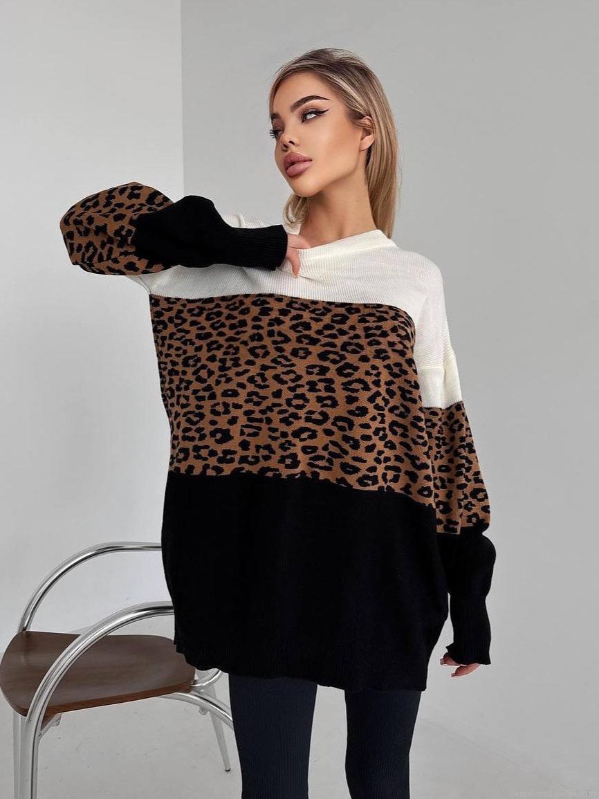 Women's Leopard Print Patchwork Knitted Sweater Crew Neck Color Block Pullover Loose Long Sleeve Autumn Winter Casual Knitwear Top