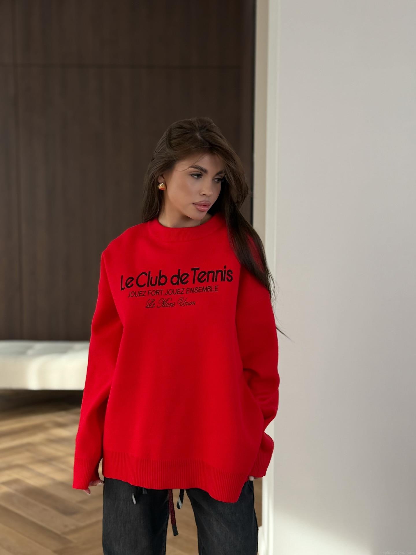 Women French Retro Le Club de Tennis Letter Print Oversized Sweater Casual Acrylic Polyester Blend Knit Round Neck Long Sleeve Pullover Tops For Autumn Winter Daily Streetwear