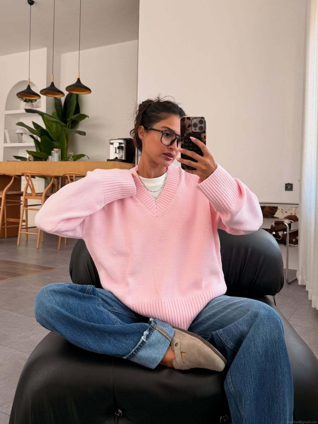 Women's American Retro Street Style V-Neck Sweater 80% Cotton 20% Polyester Knitted Long Sleeve Loose Fit Oversized Solid Color Warm Pullover Top For Autumn Winter Lazy Style