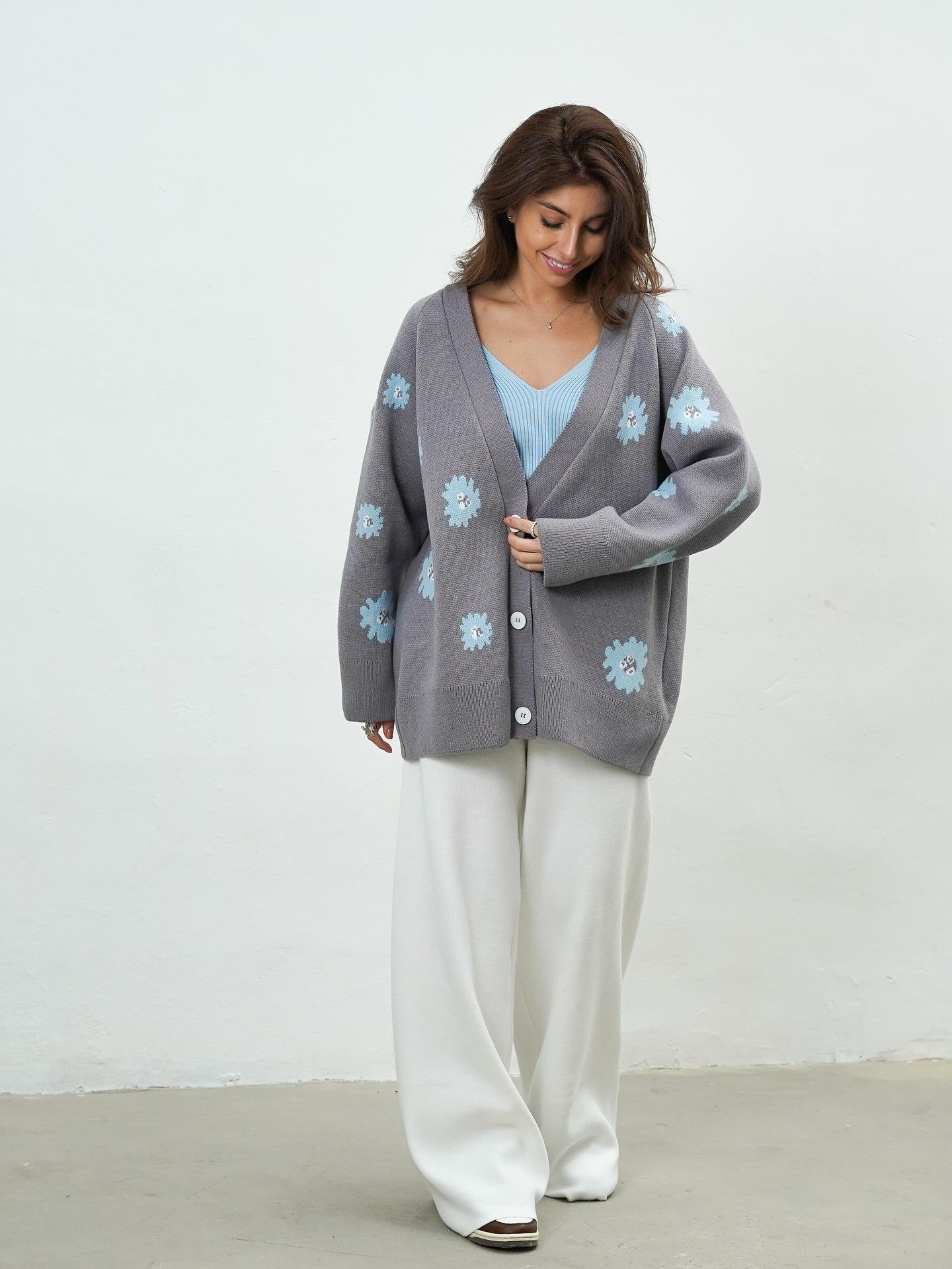 Women's Knit Cardigan Sweater Daisy Embroidery Cotton Polyester Blend Loose Fit Warm Button Down Lazy Style Knitwear For Autumn Winter Casual Outerwear Ladies Top