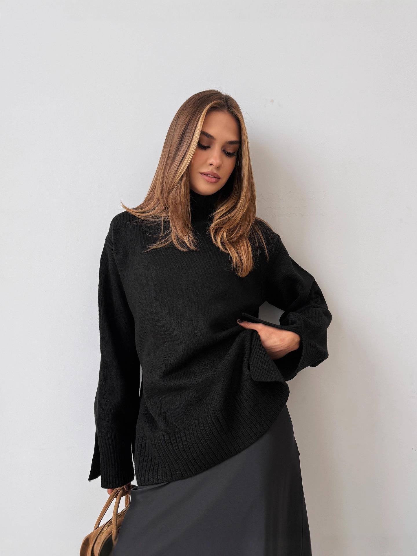 Women Oversized Turtleneck Knit Sweater Cotton Blend Long Sleeve Pullover With Side Slit For Autumn Winter Casual Streetwear Knitwear