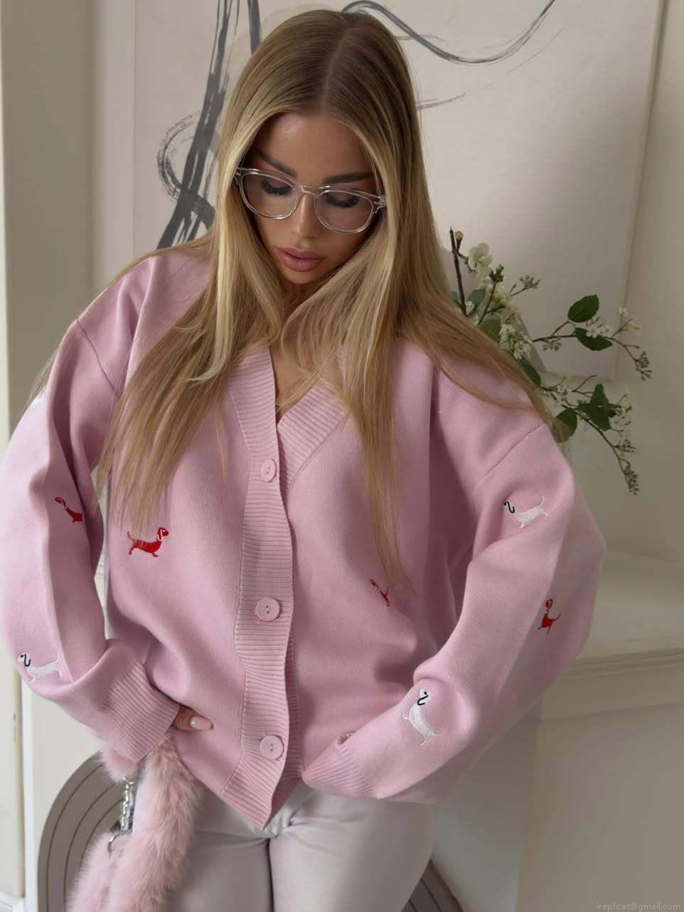 Women's Oversized V-Neck Knit Cardigan Sweater Cotton Blend Dachshund Embroidery Long Sleeve Button Up Outerwear Loose Fit Soft Knitwear For Fall Winter Casual Daily Wear