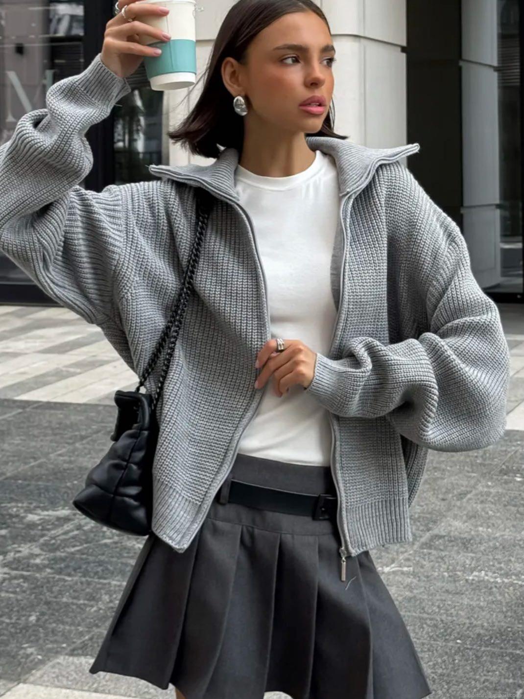 Women's Zipper Cardigan Sweater Cotton Polyester Blend Long Sleeve Standing Collar Minimalist Lazy Style Versatile Knitwear Tops For Ladies Autumn Winter