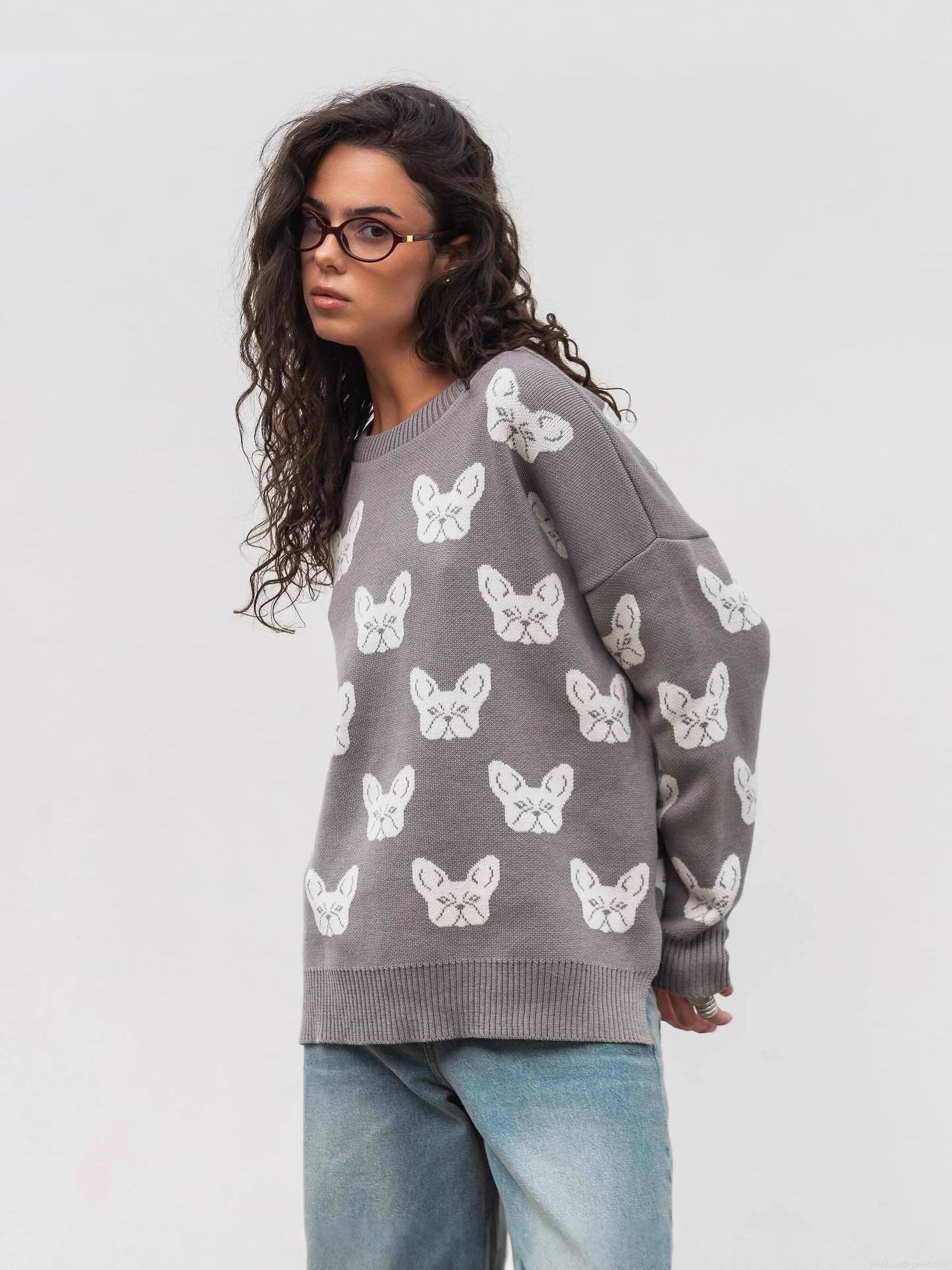 Women's Oversized French Bulldog Jacquard Knit Sweater Loose Round Neck Long Sleeve Pullover Autumn Winter Casual Commuter Jumper Top