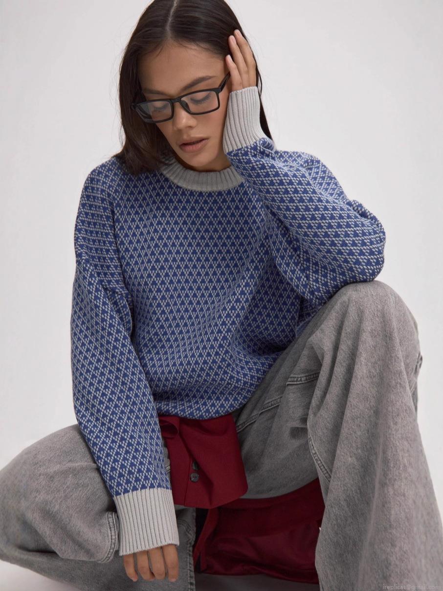 Women's Casual Loose Geometric Argyle Knit Sweater Pullover Round Neck Long Sleeve Soft Warm Cotton Blend Jumper Top For Autumn Winter