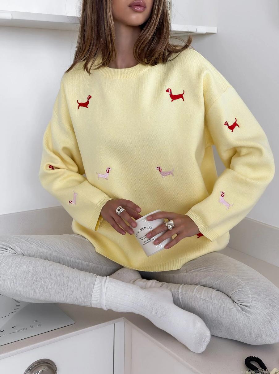 Women Casual Cotton Blend Knit Sweater Dachshund Dog Embroidered Pullover Long Sleeve Crew Neck Loose Fit Autumn Winter Lazy Style Top