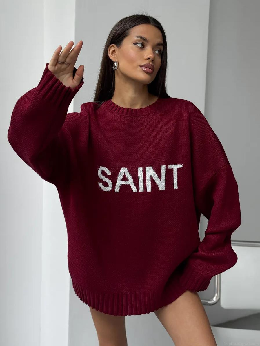 Women's Oversized Knit Sweater Saint Letter Jacquard Crewneck Long Sleeve Cotton Blend Loose Casual Pullover Knitwear Top For Women Autumn Winter