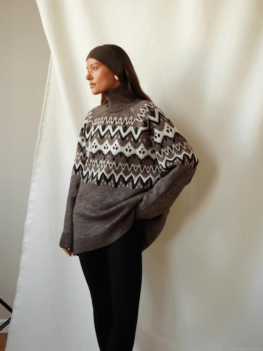 Women's Vintage Fair Isle High Neck Knit Sweater Loose Fit Cotton Polyester Blend Geometric Pattern Warm Pullover Top For Winter Autumn Casual Wear