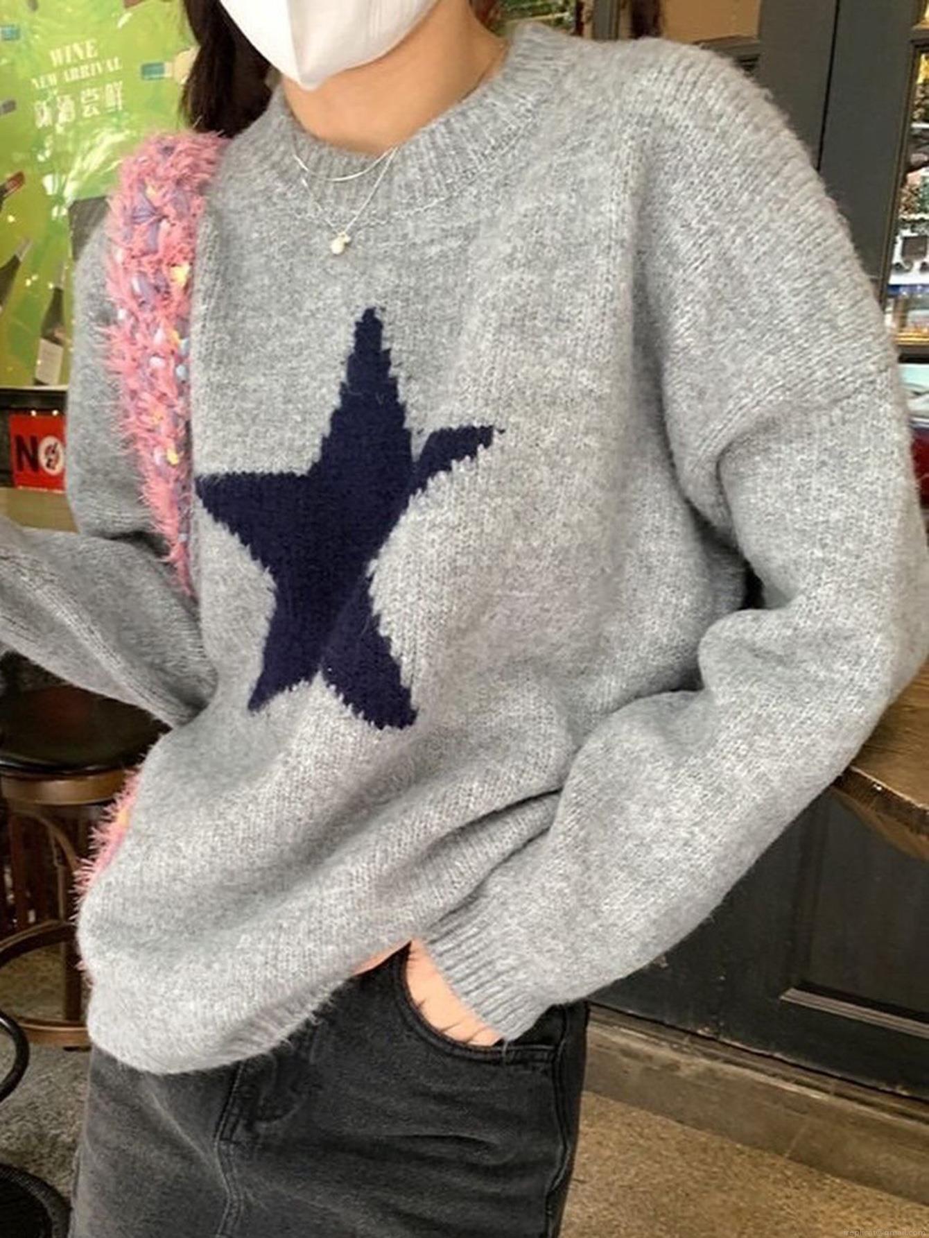 Women's Casual Star Pattern Knitted Sweater Polyester Wool Blend Crew Neck Long Sleeve Pullover Loose Fit Winter Autumn Top