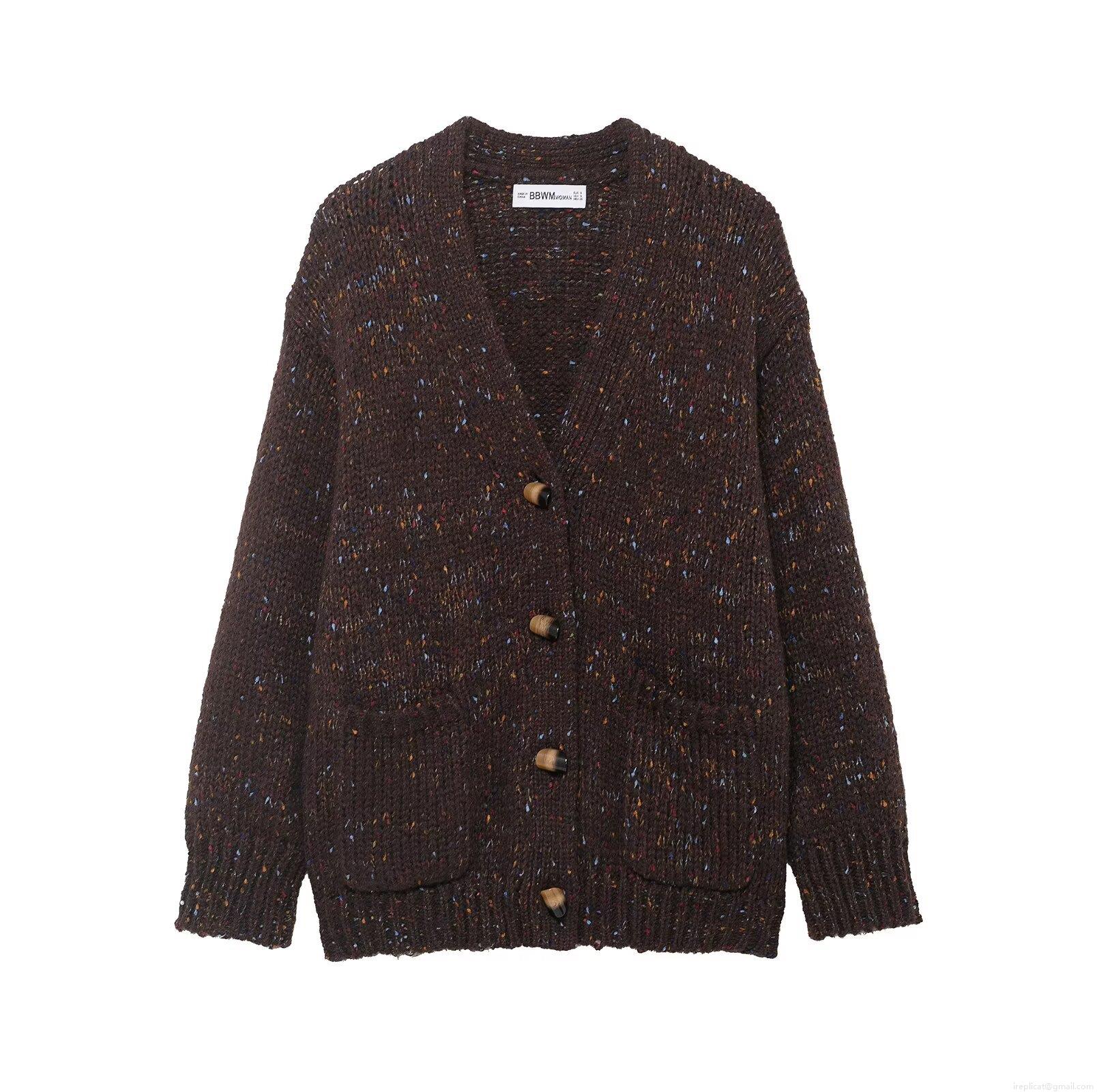 Women's V-Neck Knitted Cardigan Vintage Variegated Specks 100% Polyester Loose Long Sleeve Sweater Jacket With Patch Pockets Casual Button Down Knitwear Outerwear