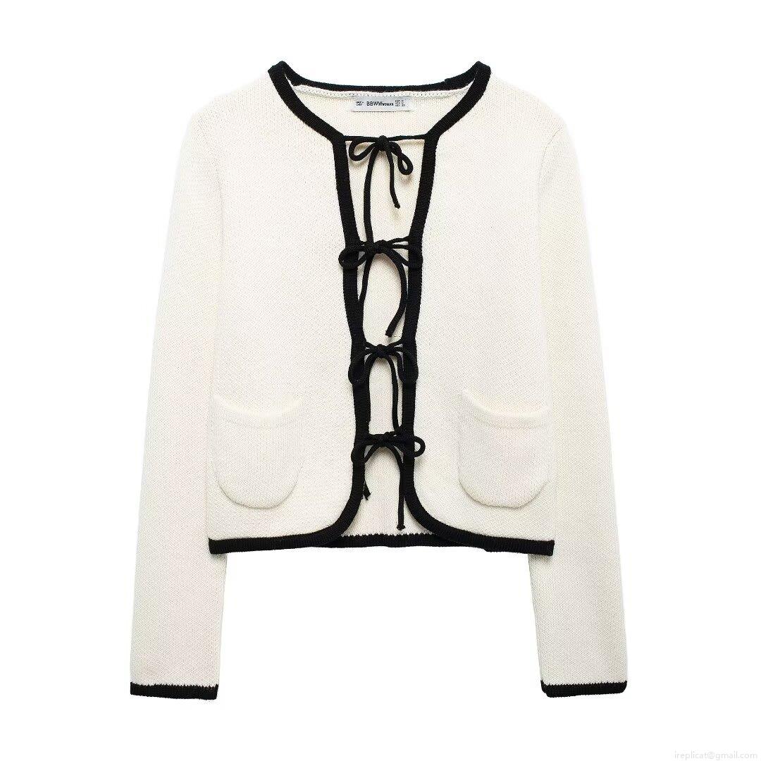 Women's Contrast Trim Knit Cardigan Bow Tie Front Elegant Long Sleeve Sweater Short Jacket Outerwear For Women Autumn Casual Tops